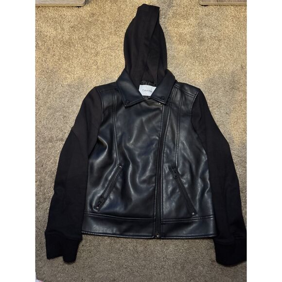 Size Medium Calvin Klein Faux Leather Hoodie Jacket - Picture 1 of 3